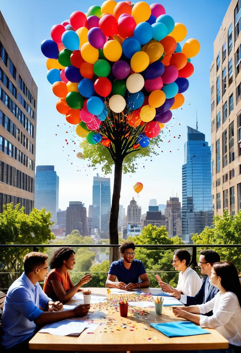 A vibrant, sunny landscape featuring a diverse group of entrepreneurs brainstorming joyfully around a table filled with colorful ideas and charts. In the background, a bright city skyline symbolizes growth and success. Balloons and confetti imply celebration and positivity, while a large tree with flourishing leaves represents growth and optimism. The overall atmosphere is energetic and uplifting, infused with warm colors to evoke feelings of happiness and teamwork. super-realistic. vibrant colors. dynamic composition.