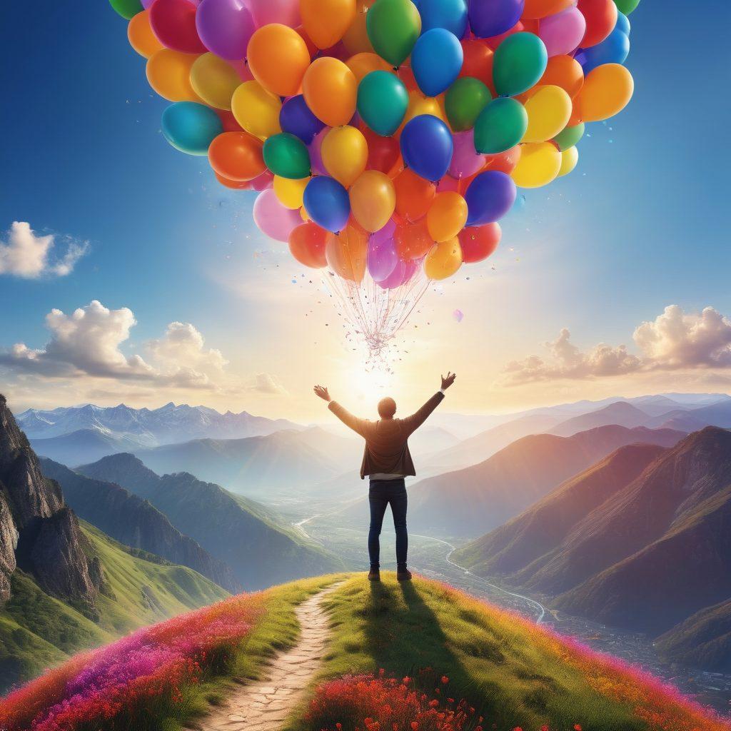 A dynamic scene depicting a joyful entrepreneur standing atop a mountain, arms outstretched to the sky, surrounded by colorful balloons representing ideas and growth. Below, a winding path filled with diverse people happily collaborating and working together, embodying the spirit of teamwork and innovation. Bright sunlight illuminating the scene, creating an uplifting atmosphere, with the background showcasing a vibrant city skyline. super-realistic. vibrant colors. inspirational.