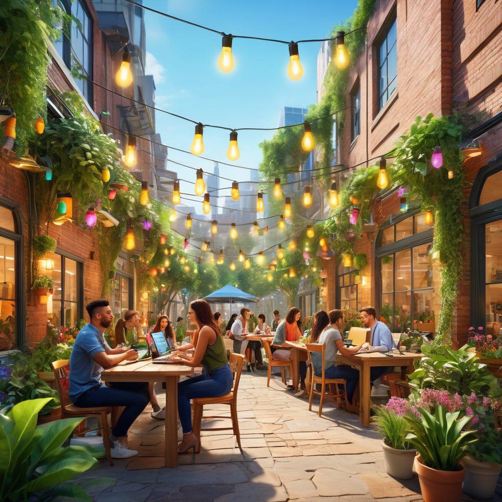 A vibrant cityscape featuring enthusiastic entrepreneurs collaborating in a sunny outdoor workspace, surrounded by greenery and innovative gadgets. The scene captures diverse individuals sharing ideas, with an uplifting atmosphere symbolizing growth and creativity, while colorful lightbulbs float above them representing inspiration. super-realistic. vibrant colors. 3D.